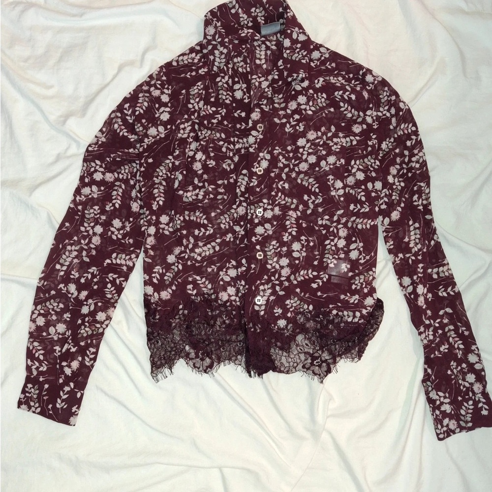 Floral Lace Trim Burgundy Blouse